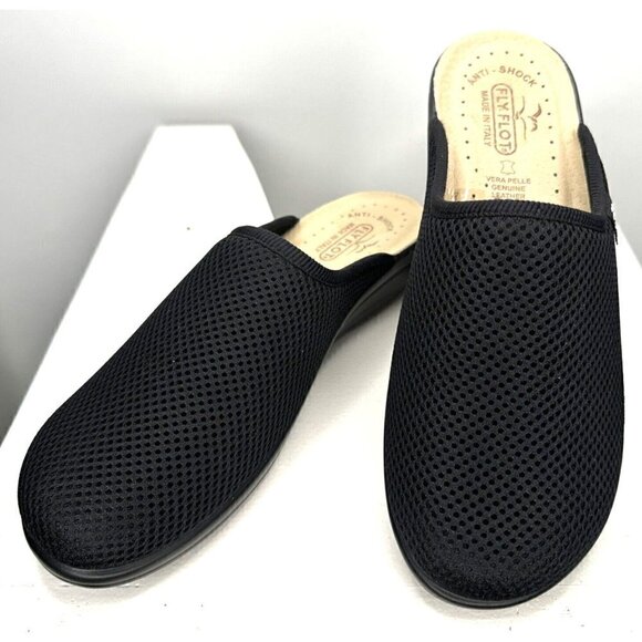 Fly Flot Slip On Shoes Clog Fabric Mesh Upper Leather Inner Black EU 39 US 8 - Picture 1 of 14